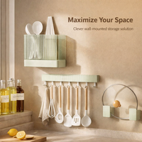 Wall Mounted Kitchen Organizer No Drill Storage Rack with Utensil Holder, Rack, Spice Rack, Chopstick Holder and Pot Lid Organizer for