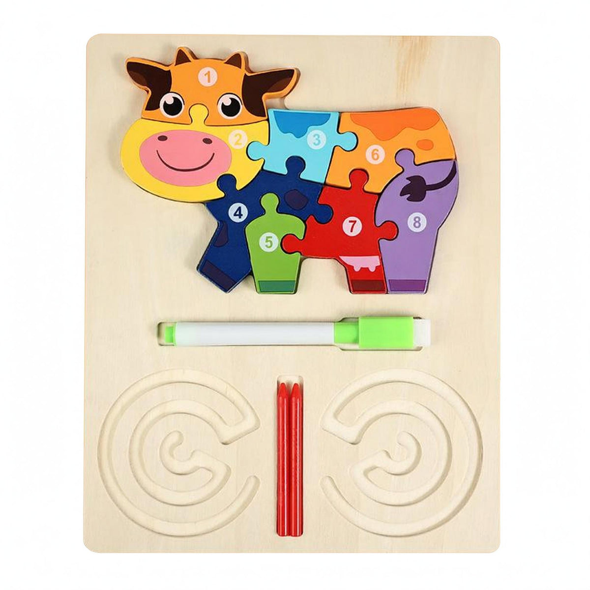Natural Wood Finish 3-in-1 Learning Board Rounded Corners Child-Led Learning Wooden Learning Puzzle Colorful ABC Numbers Shapes Wooden Puzzle Removable for Preschoolers, Kids