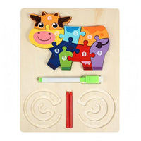 Natural Wood Finish 3-in-1 Learning Board Rounded Corners Child-Led Learning Wooden Learning Puzzle Colorful ABC Numbers Shapes Wooden Puzzle Removable for Preschoolers, Kids
