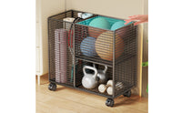 Two-Tier Fitness Storage Rack Caster Wheels Mesh Storage Carrier uncoveredTop Sports Equipment Organizer Heavy-Duty Steel for Home Gym
