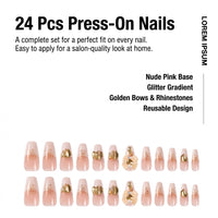Nail Press Ons with Bow Butterfly Design for Girls, Artificial Wearable False for Parties and Special Occasions, 24 Pieces Boxed Set