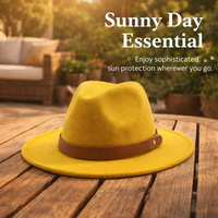 Sun Hat for Women with Vintage Belt Buckle Detail, Wool Felt Fedora with Conical Crown Design, Wide Brim Beach Wear and Outdoor Style