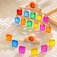 Sensory Building Blocks with Wooden Frame Colored Wooden Blocks with Acrylic Inserts Open-Ended Toy for Toddlers, Preschoolers