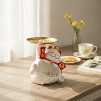 Double-Layer Storage Ornament Waving Cat Figurine Storage Tray Multifunctional Auspicious Cat Statue with Tray for Entryway Table, Vanity