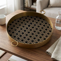 Antique Bronze Round Decorative Tray Raised Rim Woven Tray Side Handles House Decoration Geometric Pattern