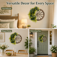 40cm Wagon Wheel Wreaths for Front Door, Artificial Mixed Greenery Door Hanger, Rustic Farmhouse Welcome Decor, Decorative Wagon Wheel