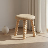 Woven Stool Rounded Design Round Wooden Stool Decorative Accent Wooden Vanity Seat for Bedroom, Entryway