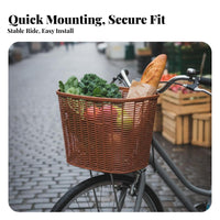 Imitation Rattan Design Plastic Wicker Bike Basket Easy to Clean Plastic Cycle Basket Reinforced Construction for Women, Grocery Shopping