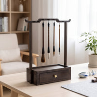 Bamboo Calligraphy Brush Rack 14-Hook Calligraphy Brush Holder with Tray Freestanding Hanging for Calligraphers