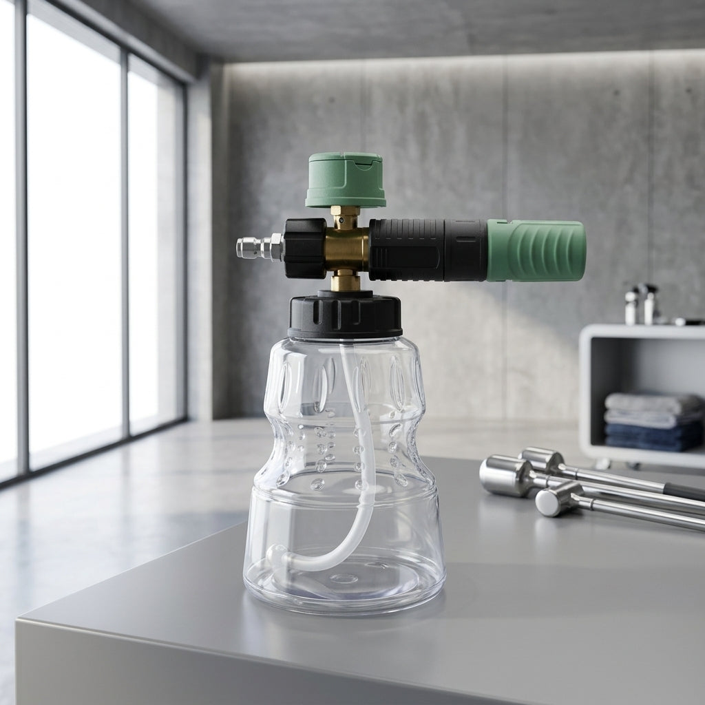 Soap Dispenser for Car Wash with Copper Fittings, Car Detailing Foam Sprayer for Car Washing, Stainless Steel Foam Lance, Green Ribbed Bottle