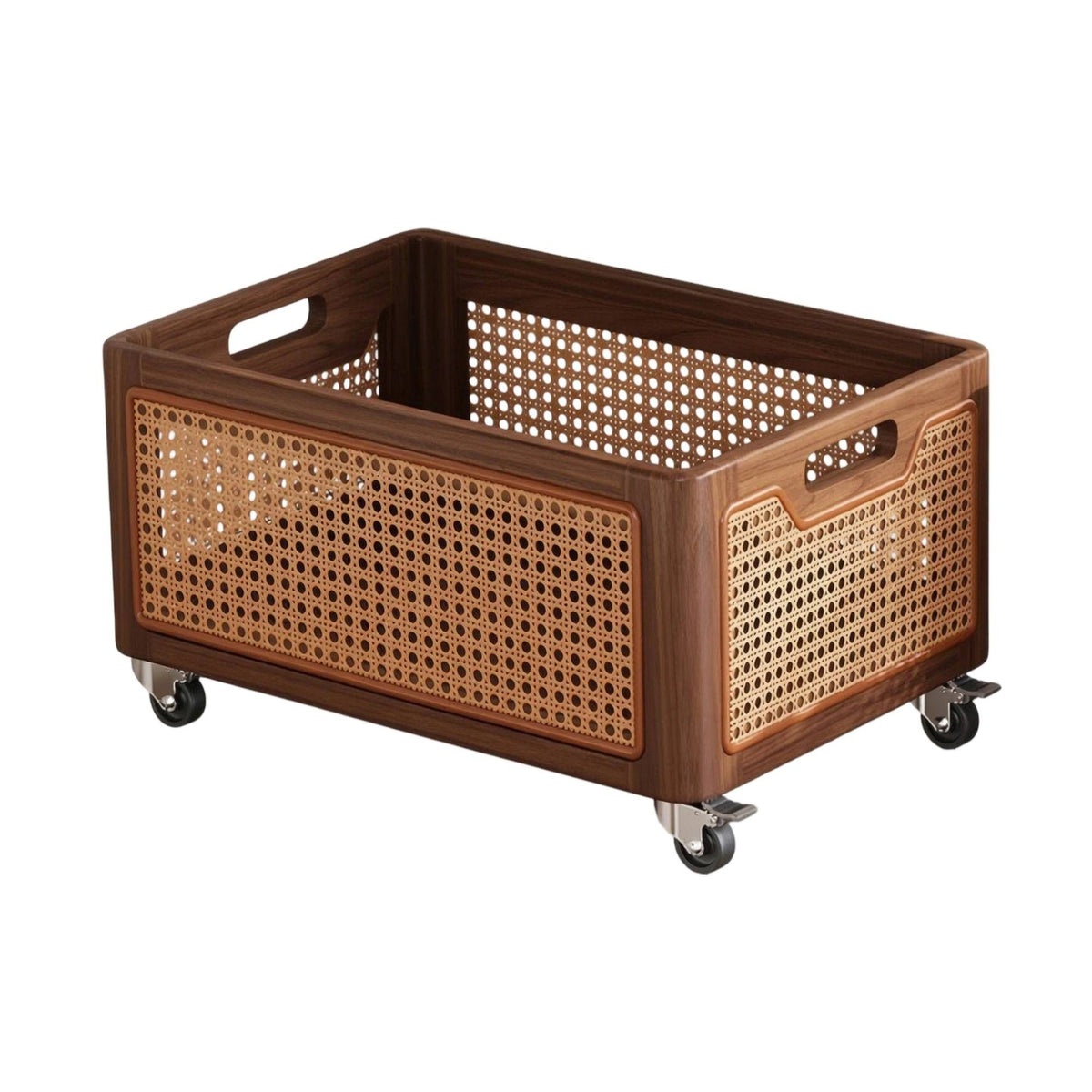 Storage Basket with Wheels Walnut-Finish Rolling Basket Woven for Under Console