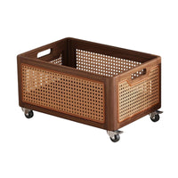 Storage Basket with Wheels Walnut-Finish Rolling Basket Woven for Under Console
