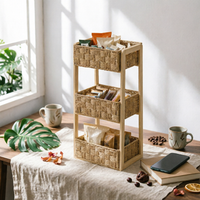 Three-Tier Storage Rack Wood Woven Basket Organizer Space-Saving Floor-Standing Storage Rack