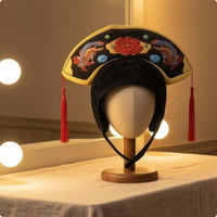 Embroidered Floral Bird Hat Velvety Ceremonial Hat Tasseled Black Headpiece