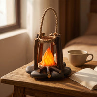 Warm Glow Rechargeable Lantern with Rope Handle Rustic Night Light with Ambient Sound Compact Campfire Lantern Cozy for Nightstand