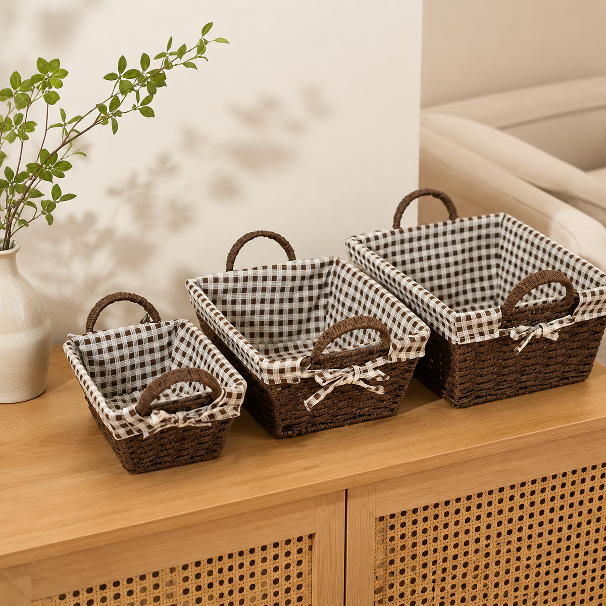 Storage Basket Set of 3, Woven Basket with Handles, Natural Plant Fiber Basket for Fruit, Vegetables, Kitchen, 34/31/27cm