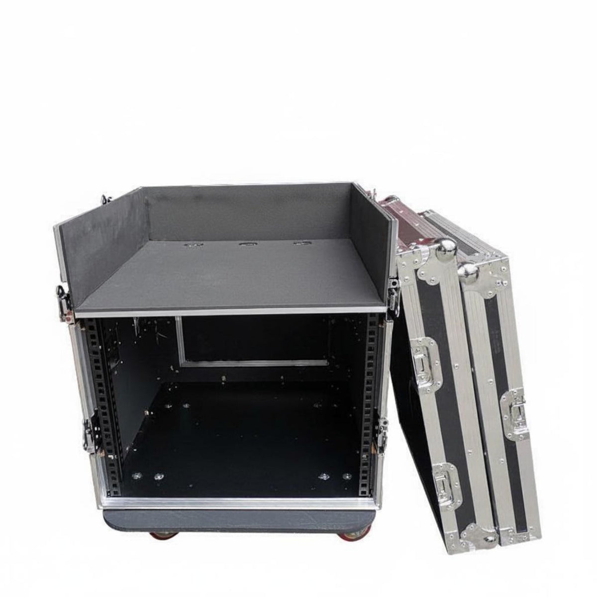 Lockable Casters Portable Audio Rack Case with Table Heavy-Duty Construction Rolling Mixer Stand Workstation Universal Design DJ Equipment Road Case for DJs, Sound Engineers, Musicians, Stage, Live Events, Touring