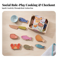 Wooden Pretend Food Set Storage Box Wooden Pretend MealSet Cut-out Handles