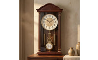 Chinese-Style Vintage Pendulum Clock Arched Crown Wood Wall Clock Stepped Base Home Decor Gold-Toned Detailing