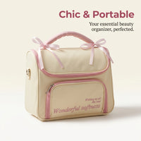 Waterproof Makeup Bag with Handle for Women Girls, Bow Cosmetic Organizer Large Capacity, PU Leather Skincare Storage for Daily Use Travel