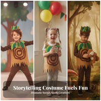 Tree Costume Spiral Motif Leafy Design Kids Clothing Tree Dress up Outfit Long-Sleeve Jagged Hem for Stage Performance
