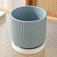 Plant Pots for House Plants and Indoor Plants, Modern Ribbed Ceramic Pot with Saucer, Minimalist Indoor Plant Pot with Drainage Hole, Bonsai Pot