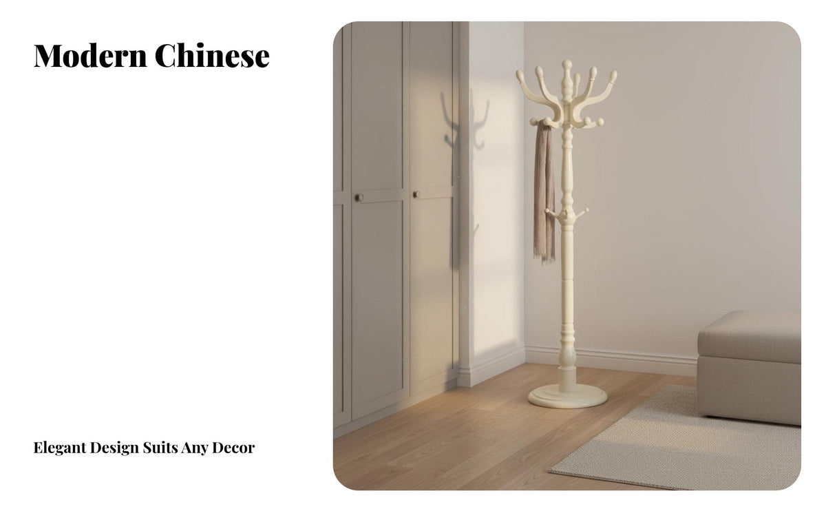 New Chinese Design Standing Coat Rack Solid Wood Complimentary Standing Clothes Hanger Space-Saving Design Wooden Coat Rack Sturdy Base for Apartment Dwellers, Homeowners, Bedroom, Hallway, Living Room, Mudroom
