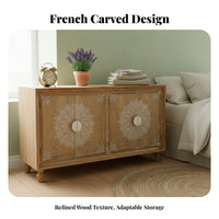 French & design Carved Door Cupboard Vintage Design Carved Double-Door Cabinet Distressed Finish Sideboard sturdy Wood Frame for Guesthouse Owners, Interior Designers, Apartment Dwellers, Entryway, Hallway, Living Room, Bedroom