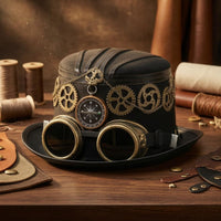 Brass-Tone Gears Steampunk Top Hat Wide Brim Victorian Steampunk Hat Decorative Band Costume Accessory Structured Crown for Stage Performance, Theater