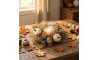 Harvest Wreath with Glass Holder Autumnal Candle Loop Festive Centerpiece Faux for Hosts, Tabletop, Thanksgiving, Mantel