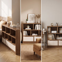 Low Bookshelf with Cubbies Wood Grain Bookcase with Doors Floor-Standing Low Bookcase for Bedroom, Reading Corner