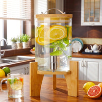 Glass Water Dispenser with Wood Stand, Large Cold Water Dispenser with Stainless Steel Tap, Ice Crackle Pattern Glass Dispenser for Home Bar Use