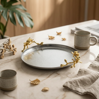Round Tray with Floral Accents Gold-Toned Round Serving Tray Textured for Home Stylists, Hosts, Coffee Table, Vanity