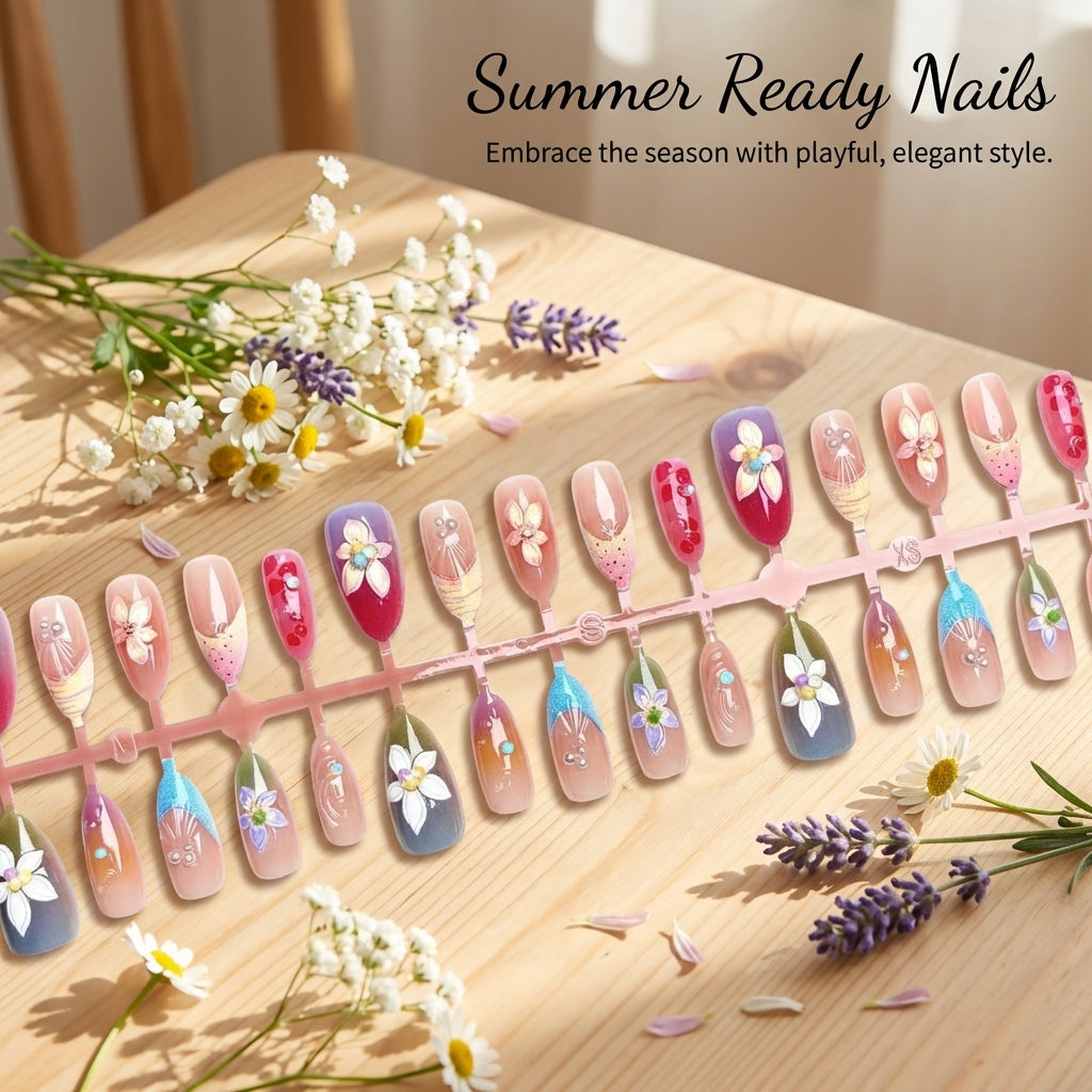 Nails with Glue for Teens, Summer Blossom Artificial with Rhinestones, Reusable Glue-On Fake 30 Pieces