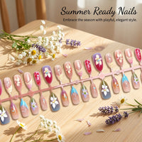 Nails with Glue for Teens, Summer Blossom Artificial with Rhinestones, Reusable Glue-On Fake 30 Pieces