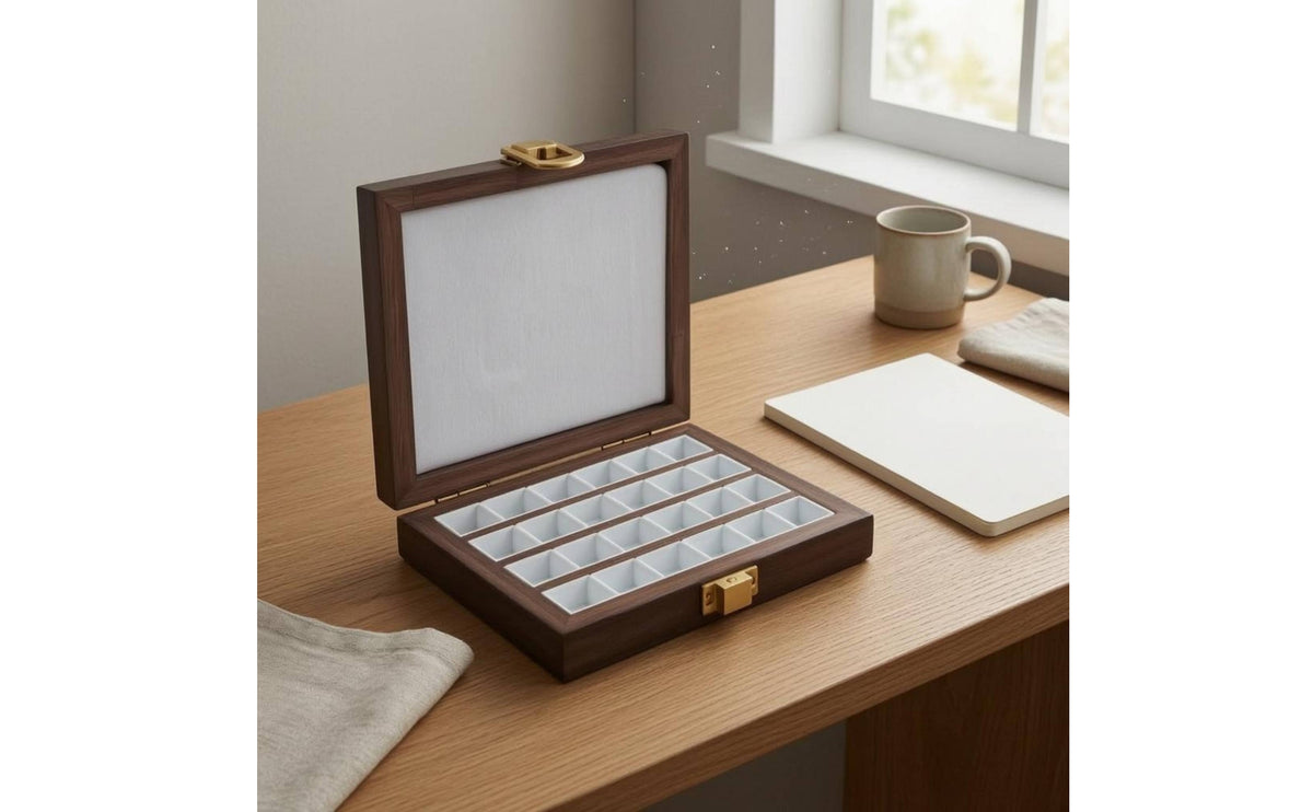 24-Compartment Square-Section Compartments Wooden Storage Box White Lining for Art