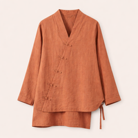 Women Long Sleeve V-Neck Blouse with Handmade Chinese Frog Closure Buttons, Wrap Front for Casual Everyday Wear, Loose Fit Vintage Style Shirt
