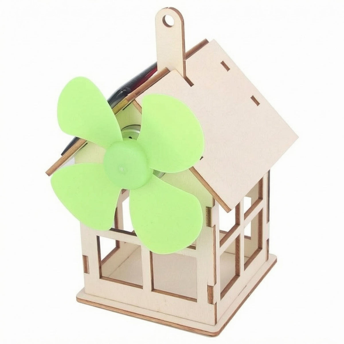Natural Wood Solar Powered Wooden House Model Green Fan Wooden Model House Kit Pitched Roof Learning Toy Accessible Window Cutouts
