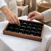 Walnut Wood Velvet Jewelry Display Tray for Rings Necklaces Earrings Bracelets, Large Capacity Organizer for Store Counter