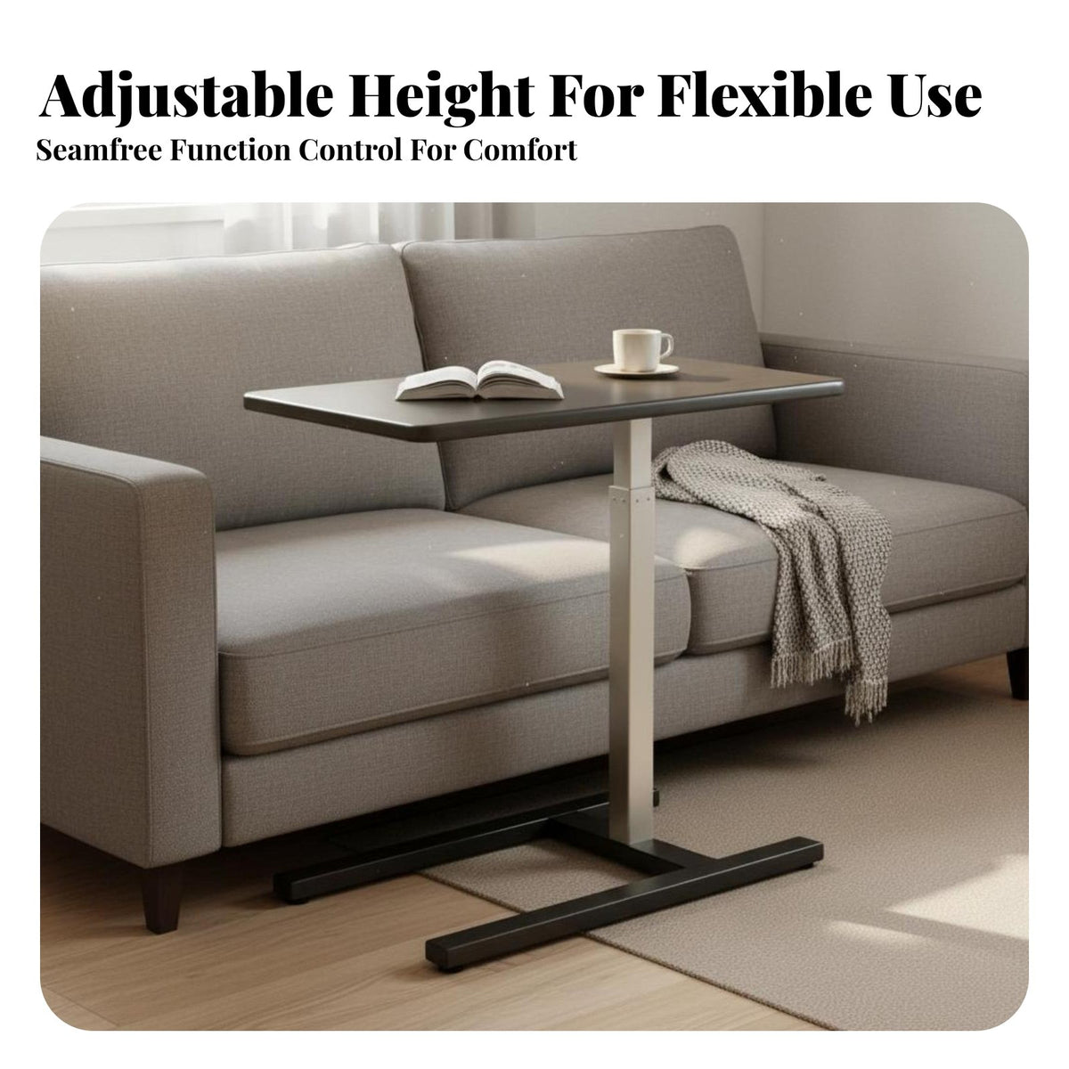 Mobile with Casters Height-Adjustable C-Shaped Overbed Table Tilting Tabletop Adjustable C-Shaped Table Tiltable Top Laptop Stand Low-Profile Base for Small Apartment Residents, Students, Distant Workers, Bedroom, Living Room, Home Office