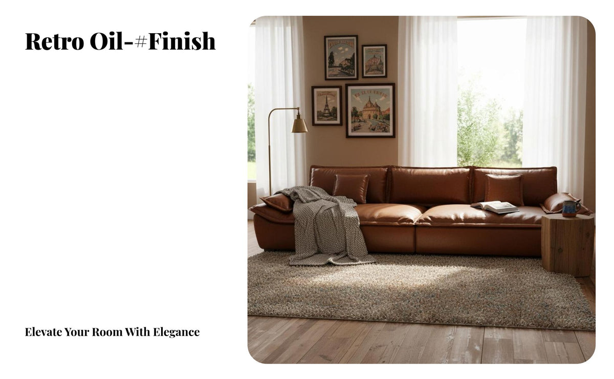 Deep-Seat Leather Settee real Cowhide Sofa Oil Waxed Finish Living Room Seating for Families, Office Professionals, Lounge Area, Apartment, Bedroom