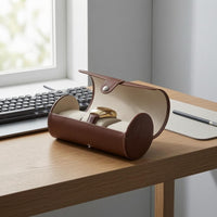 Three-Slot Cylindrical Watch Box Snap Closure PU Leather Watch Box Flap Lid Stitched Exterior