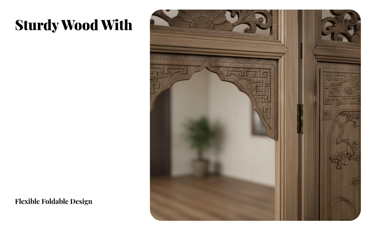 Chinese Design Panel Screen Meditative Influenced Wooden Folding Screen Freestanding Antique Finish Room Separator for Homeowners, Entrance Bedroom