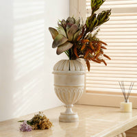 Goblet Vase Aged Stone Look Pedestal Vase Vintage Style Vessel for Wedding, Mantel