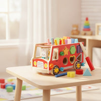 Wooden Bus with Push-Along Bus Shape Sorter Educational Wooden Shape Sorter for Young Children, Kids