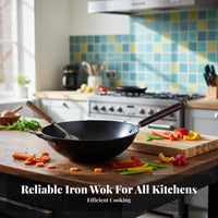 Round Bottom Iron Wok Non Coating Round Bottom Chinese Wok Cookware Long-Lasting Fast Heating for Home Cooks