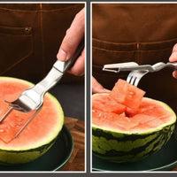 Watermelon Cutter Handheld Watermelon Fork Cutter 2-in-1 Fruit Cutter Rounded Grip Kitchen Tool Metal Finish
