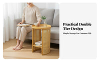 Japanese design dual-level Round Nightstand Rattan Weave Design 2-Tier circular table Rounded Edges Household Furniture Space-Saving for Apartment Dwellers, Homeowners, Adults, Living Room, Bedroom, Small Spaces, Hallway