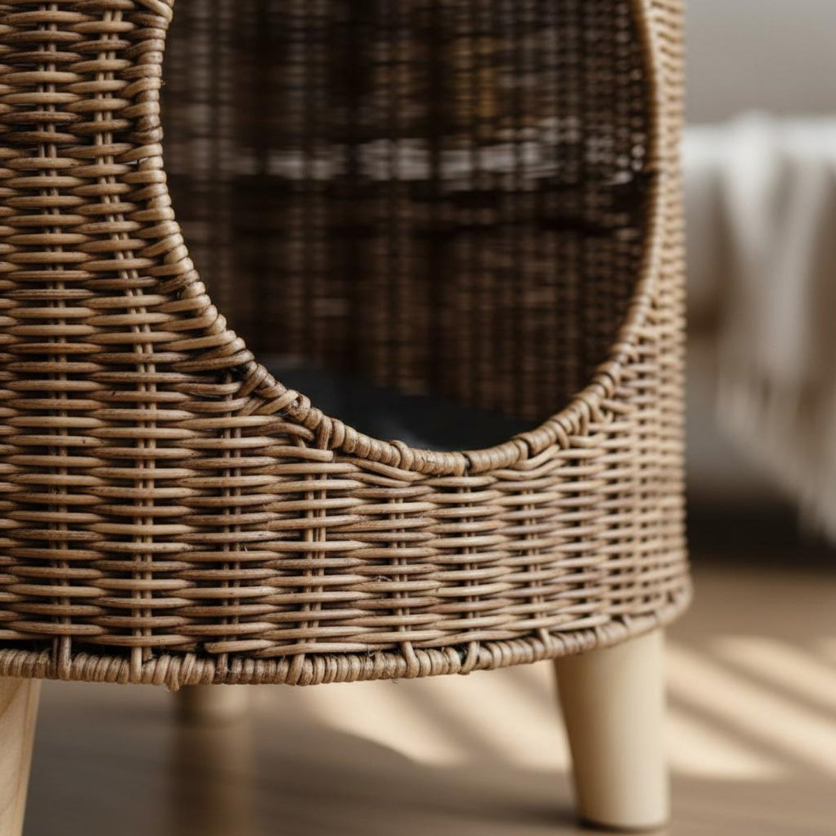 Year-Round Rattan Pet Condo Breathable Woven Feline Cave Stable Tripod Base Elevated Feline Bed Long-Lasting for Cats, Kittens, Small Dogs, Living Room, Bedroom, Balcony