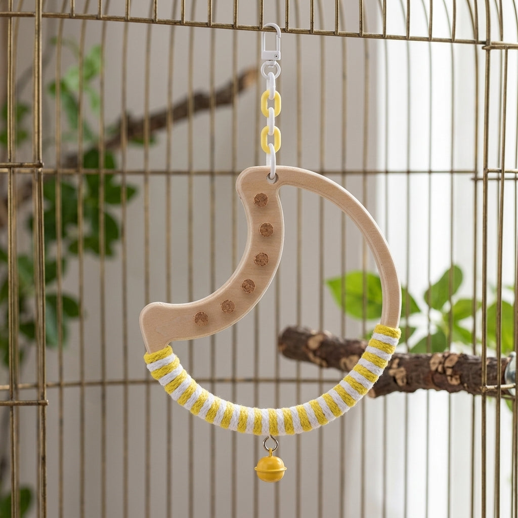 Hoop Climbing Toy and Standing Frame with Bell, Wooden Bird Cage Accessory for Parrot Enrichment, Small Size Decor for Parakeets Cockatiels